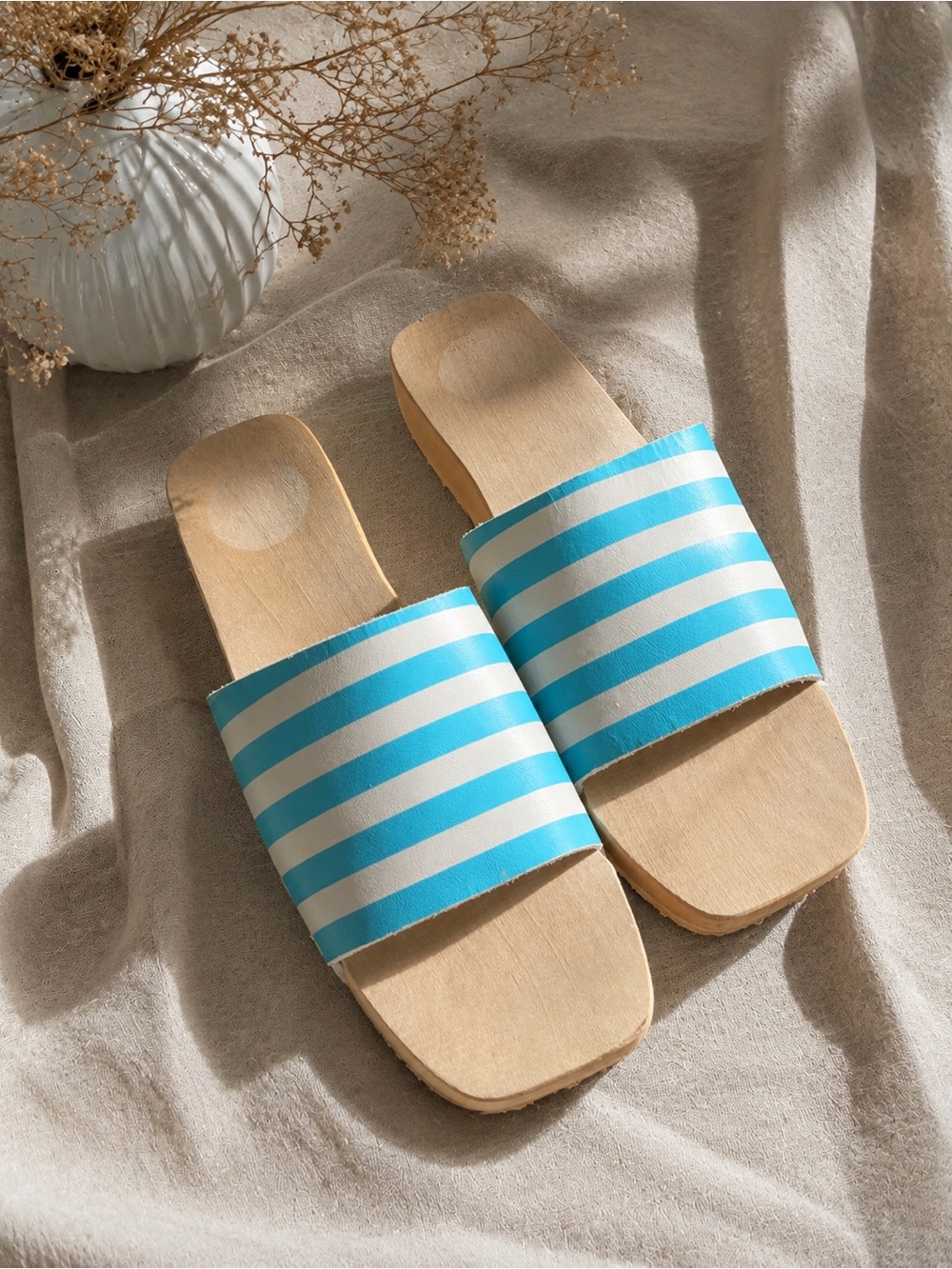 Vintage Marimekko Mika Piirainen Leather Blue White Stripe Wooden Sandals EU 41